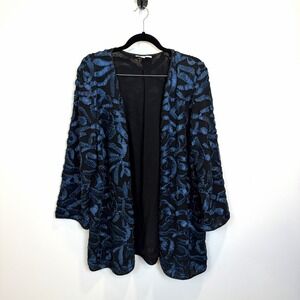 Chico's Women's XL / 3 Textured Open Front Cardigan Top Black & Blue Textured